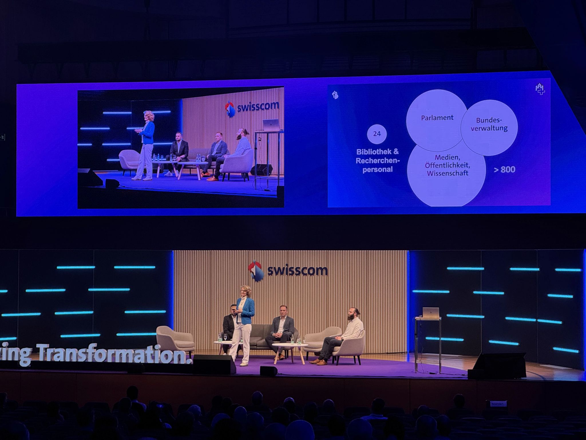 Dr. Jacqueline Kucera presenting the AI chatbot for parliamentary data analysis at Swisscom Business Days 2024, KKL Lucerne